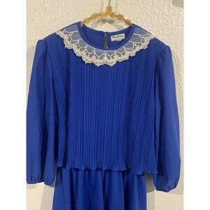 Vintage 80s Ms Classic Royal Blue Pleated Blouson Dress Modest USA Made Size 16
